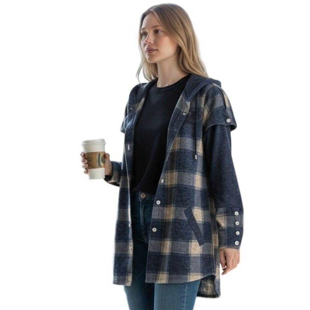 Michael Tyler Plaid Hooded Button Front Shirt Jacket Womens Small Pet Black Tan